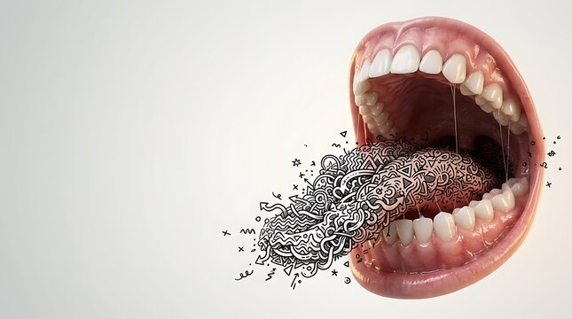 Stuttering mouth emitting tangled abstract lines representing speech disorder and communication difficulty
