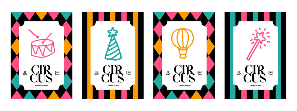 Hand drawn retro circus show banner set. Vintage diamond pattern. Retro rhombus background. Geometric abstract holiday posters. Vector illustration.