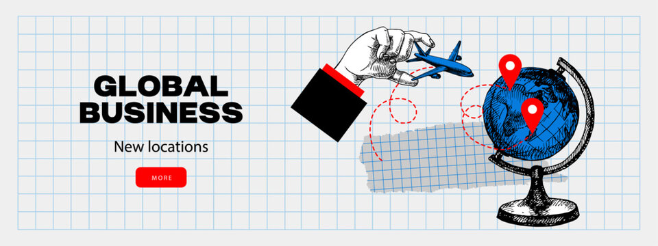 Trendy collage with sketch human hand and airplane. Concept of global logistics, shipping, delivery, aviation, worldwide transport. Retro hand drawn isolated vector illustration.