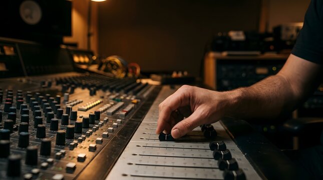 Audio engineer adjusting sound levels on a professional mixing console