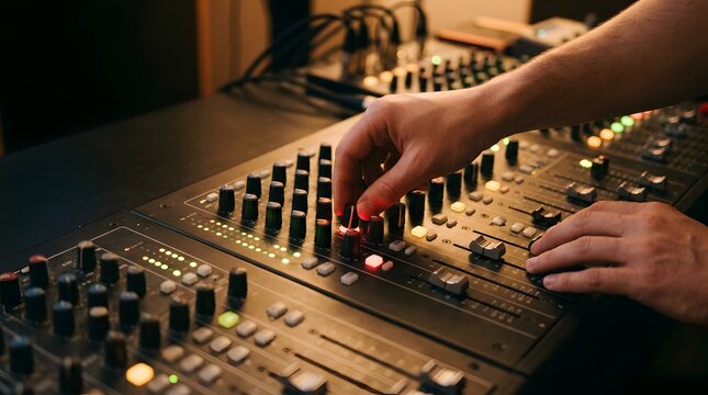 Audio engineer adjusting sound levels on professional mixing console