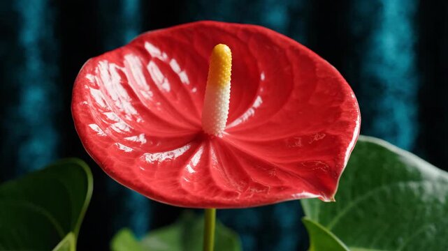 Vibrant red anthurium flower with a prominent yellow spadix against a dark background.