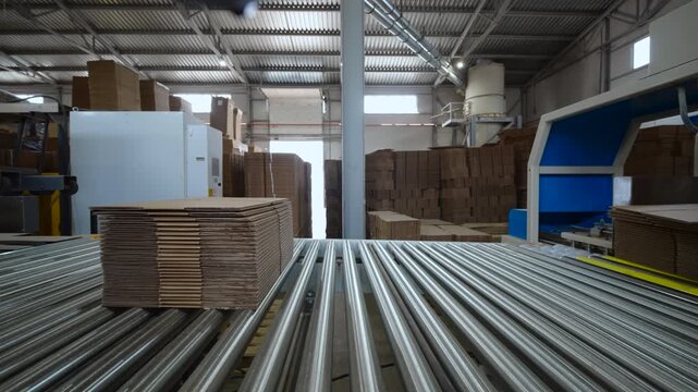 Orderly warehouse packaging scene with metal conveyor rollers carrying stacked cardboard sheets and tall carton piles, blue machinery housing, steel ducts, and bright daylight.