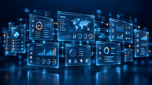 Futuristic floating digital dashboard displaying global business analytics financial charts and data management metrics