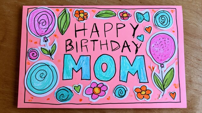 Brightly colored handmade birthday card with whimsical floral illustrations and the words Happy Birthday Mom, conveying joy and heartfelt appreciation