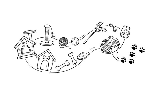 Cute Cat Dog Lifestyle Accessories Hand Drawn Doodle Vector Illustration