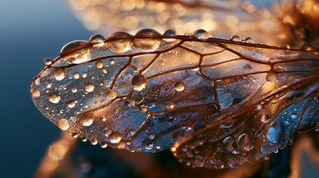 Delicate insect wing with water droplets, shimmering golden and brown hues, reflecting light, creating an ethereal feel, perfect for nature concept