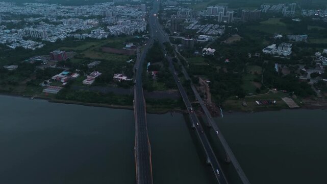 Aerial drone view of railway and road bridges crossing a river near Bharuch, Gujarat, India
