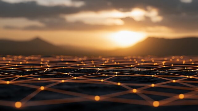 The glowing network grid at sunset over distant mountains and horizon