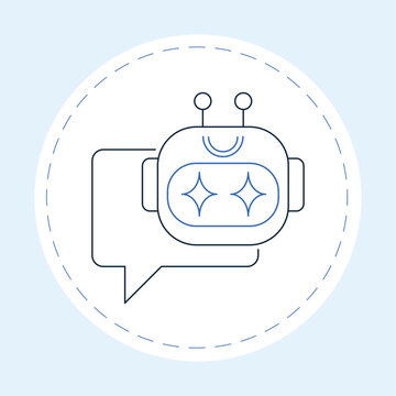 Vector line illustration of a cute robot chatbot inside a speech bubble with glowing sparkle eyes. Generative AI assistant, virtual chat support, automated customer service,  conversational interface.