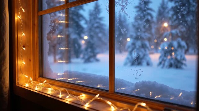 Warm string lights adorn a window overlooking a serene, snow-covered winter forest.