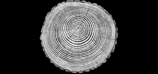 Obraz premium Detailed close-up of a tree cross-section showing growth rings with natural texture and monochrome contrast.