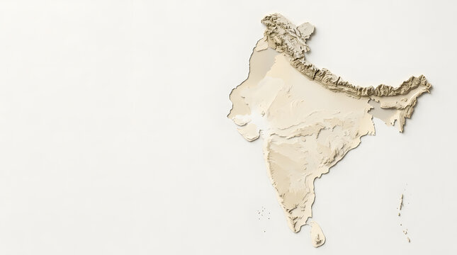 3D relief map of India with detailed topography on white background