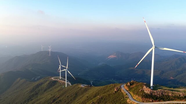 Wind turbines standing on the mountain ridge