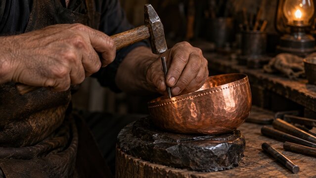  craftsman hammers decorative detailing into a copper bowl in a rustic workshop.