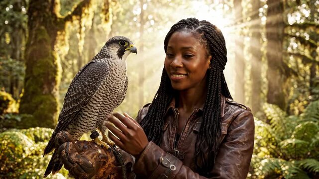 Smiling woman with braided hair holding a falcon in a sunlit forest.