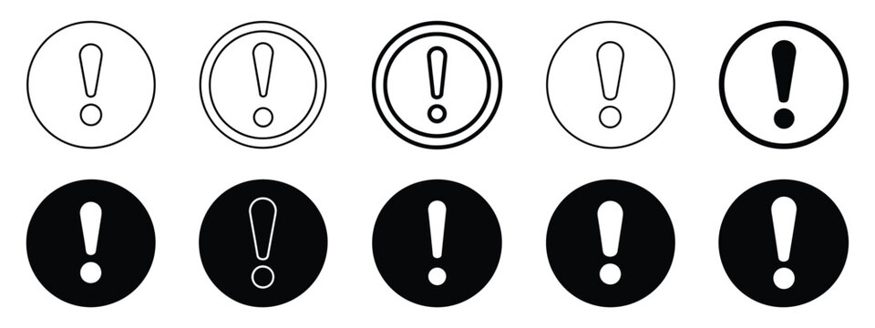 Exclamation mark icon set, black and white symbols in circles, various styles and line thicknesses, warning signs, alert symbols, transparent background