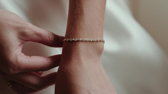 Woman's hand gently touching a delicate, beaded bracelet worn on her wrist, highlighting elegance and personal style