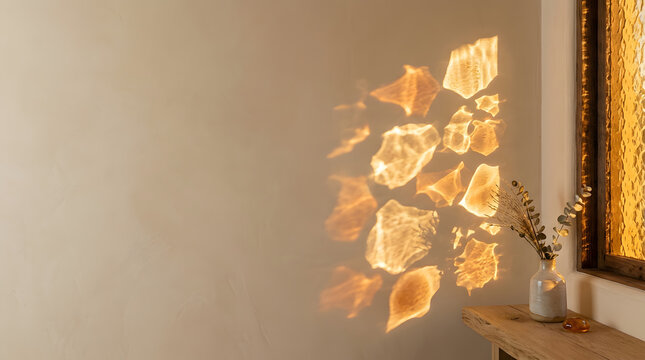Warm sunlight reflections on beige wall with decorative vase