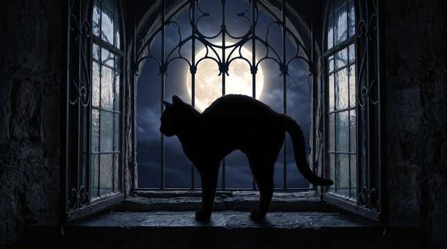 Stylized black cat silhouette arching its back before a moonlit window