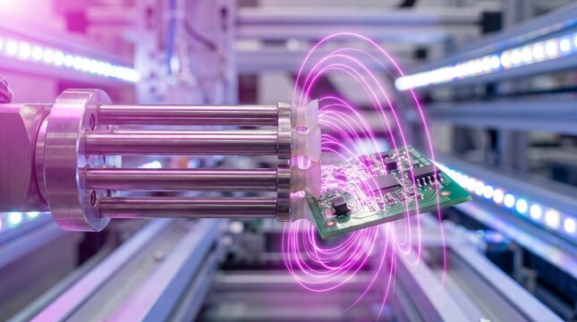 Conceptual macro of a delta robot gripper with glowing magenta magnetic flux lines