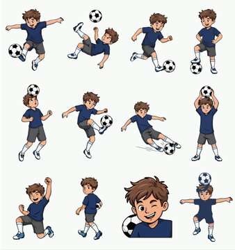 Set of boy playing soccer football vector character