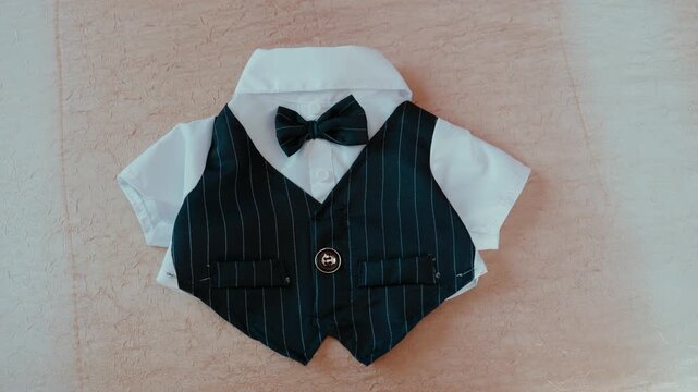 Small dog formal wear with a pinstriped vest, white shirt, and black bow tie, lying on a light background