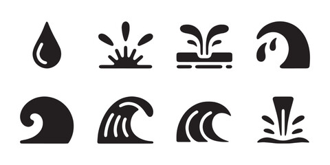 Obraz premium Black silhouette icons of water drops, splashes, and waves for representing liquid and nature.