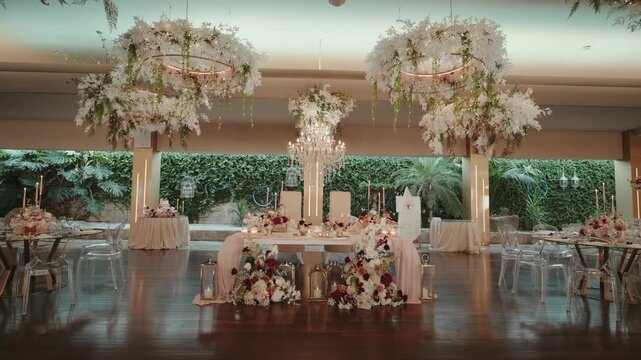 Elegant wedding reception hall featuring a head table adorned with flowers, candles, and drapes, ready for a special celebration
