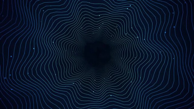 Glowing Blue Abstract Wave Tunnel Animation with Floating Particles on Dark Digital Background Motion