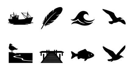Fototapeta premium Nautical Icons Set: Fishing Boat, Feather, Wave, Seagull, Fish, Dock, Silhouette Vector Graphics for Maritime Themes