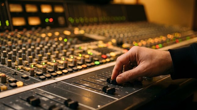 Hand adjusting audio fader on a professional music mixing console