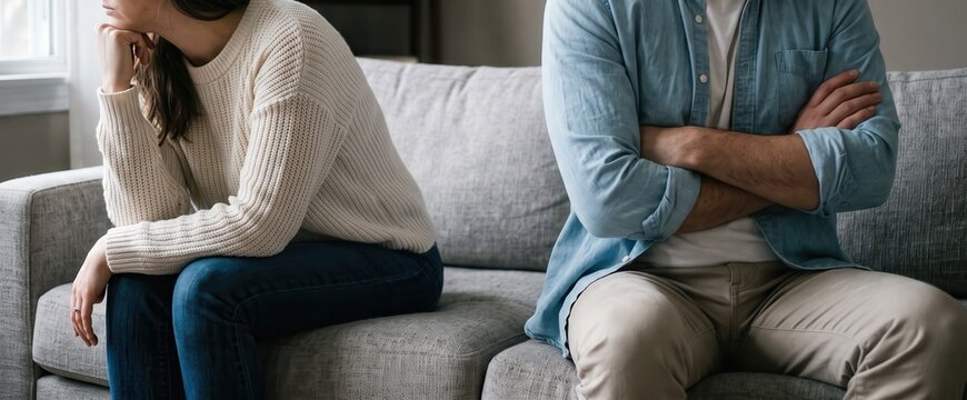 A close-up shot of a young couple sitting apart on a gray couch in their living room, experiencing marital conflict, tension, and a communication breakdown in their relationship, reflecting sadness.
