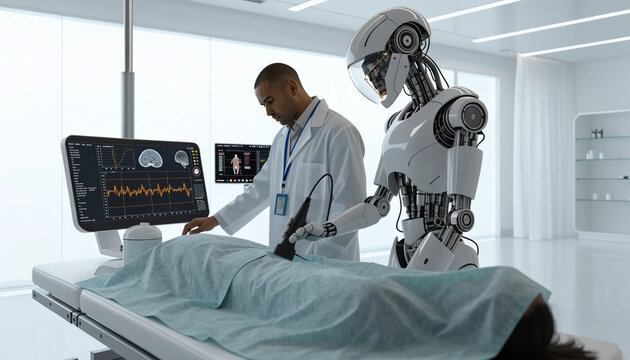 Doctor robot ultrasound diagnosis ai powered patient hospital medical technology healthcare doctor and robot collaborate using ai powered ultrasound diagnosis patient modern hospital showcasing