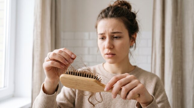 A concerned woman examining excessive hair loss while holding a brush filled with shed hair indoors near a window, showcasing hair thinning and scalp issues in a realistic and emotional portrait.