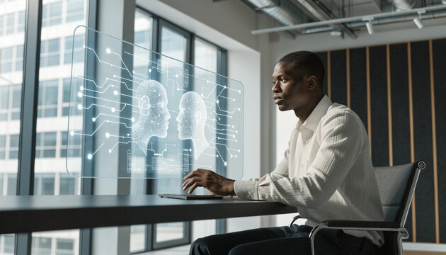 African american man artificial intelligence futuristic technology digital interface office innovation computer hologram responsible ai development focused african american man interacts with