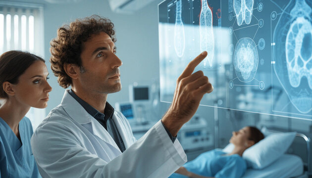 Doctor nurse hospital patient digital screen healthcare technology medical analysis diagnosis futuristic professional teamwork modern equipment monitoring innovation clinical treatmentDoctor