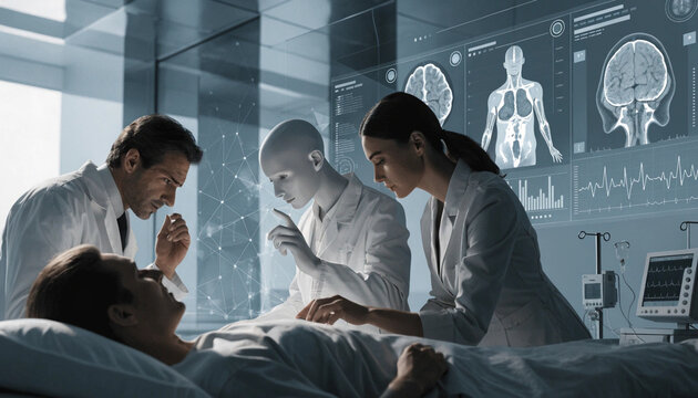 Doctors nurse patient hospital artificial intelligence futuristic medical technology digital screen teamwork healthcare monitoring