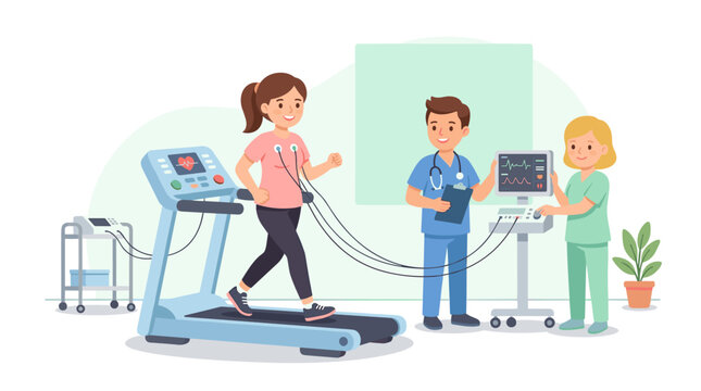 Medical professionals monitor patient's cardiovascular health during stress test on a treadmill in a clinic setting