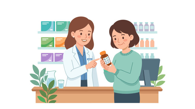 Pharmacist consulting with patient about medication behind a counter with shelves of products and greenery