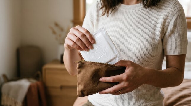 A woman in a white knitted top is taking a sanitary pad out of a brown canvas pouch in a bedroom setting, focusing on menstrual hygiene, reproductive health, and personal care self-care routine.