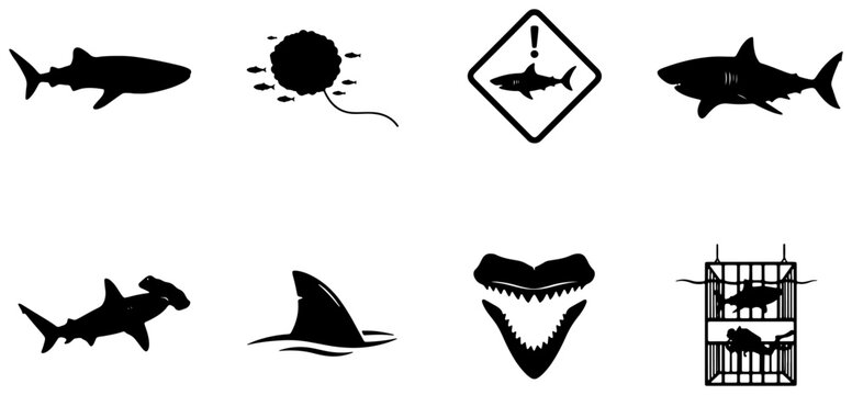 Shark Silhouette Icons, Marine Predator Vector Graphics, Ocean Danger Symbols, Wildlife Illustration Set