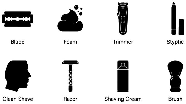 Grooming Essentials Icons: Shaving Blade, Foam, Trimmer, Styptic Pencil, Clean Shave Silhouette, Razor, Shaving Cream Canister, Brush Set