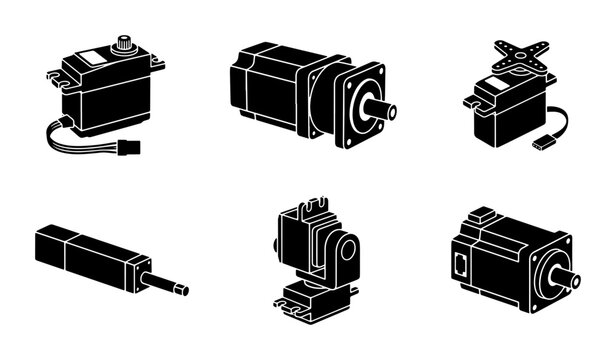 Black servo motors and actuators set, technical illustration, graphic