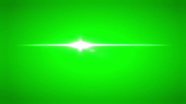 Anamorphic light streak glowing horizontally with intense white illumination over an isolated green screen backdrop in a 3D visual effect animation