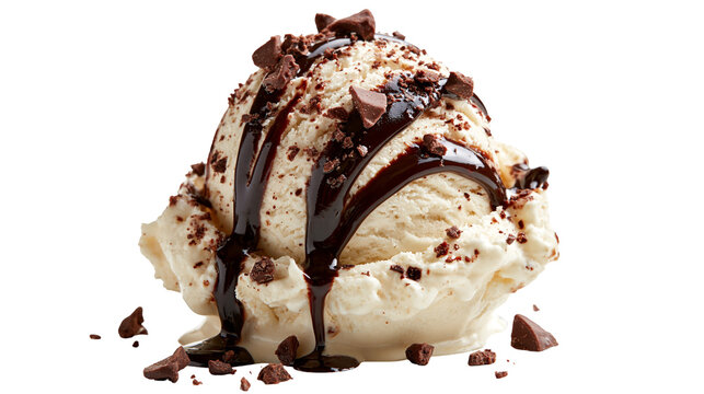 Vanilla ice cream scoop with dark chocolate syrup drizzle and chocolate chunks