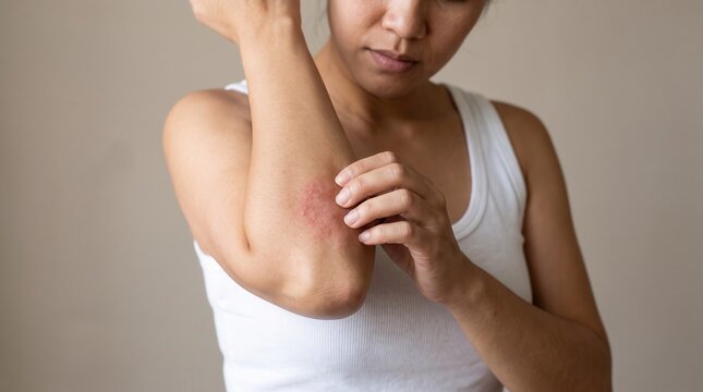 A young woman scratching an itchy, red, inflamed skin rash with tiny bumps and flaky patches in the antecubital fossa of her arm, experiencing discomfort from eczema, dermatitis, or allergy.