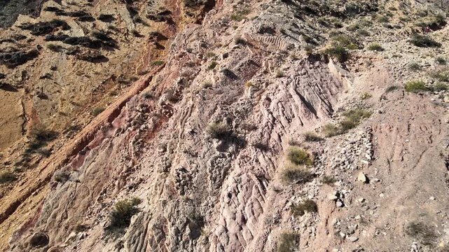 Layered sedimentary rock with ripple-mark textures and sparse desert shrubs on a steep slope in Jujuy, Argentina, seen from above.