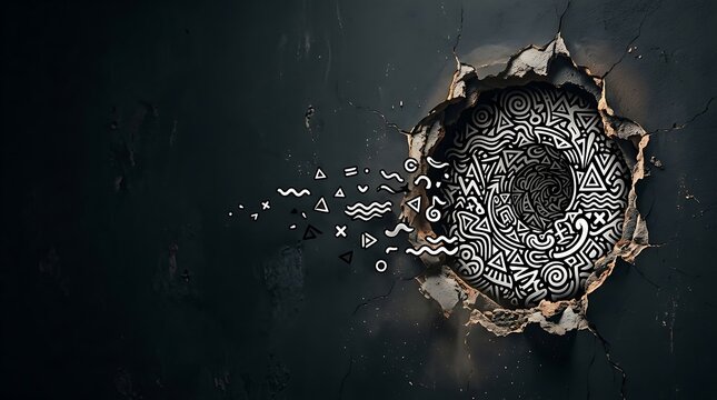 Overthinking Concept With Chaotic Doodles Escaping From Wall Hole
