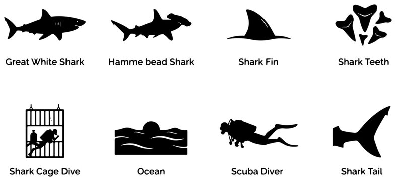 Shark Icons Set: Great White, Hammerhead, Fins, Teeth, Cage Dive, Ocean, Scuba Diver, Tail - Vector Graphics for Marine Life and Adventure